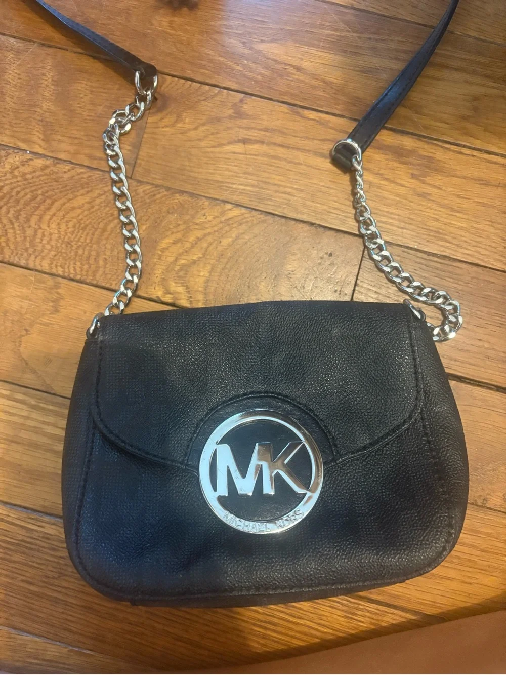 Michael Kors Black Leather Crossbody with Silver MK Emblem